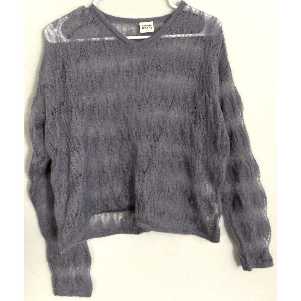 Cousin Johnny Sweater Women L Gray Mohair V Neck Sheer Knit Pullover Made USA